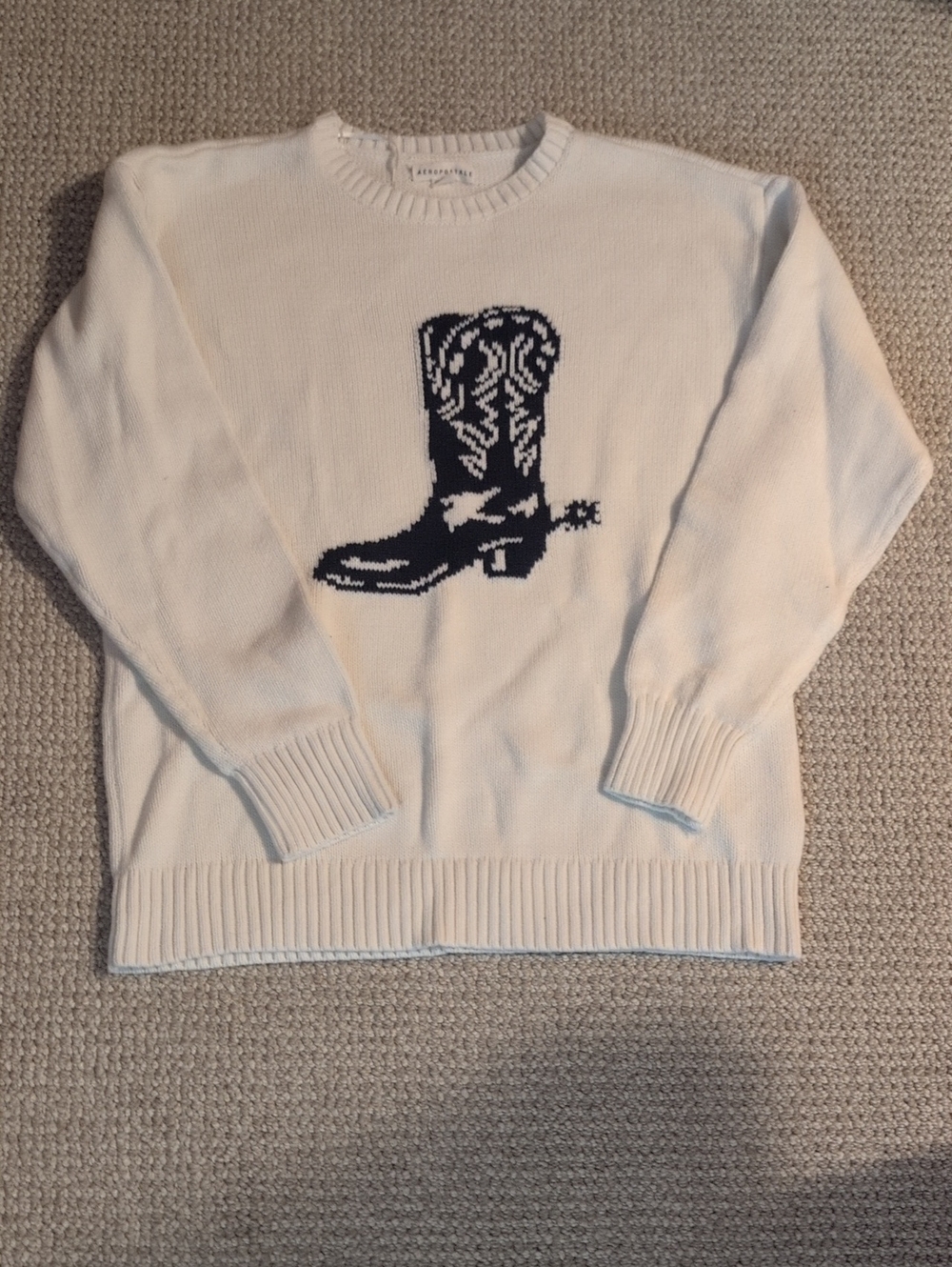 Aeropostale Cream Crewneck Sweater with Navy Boot Graphic